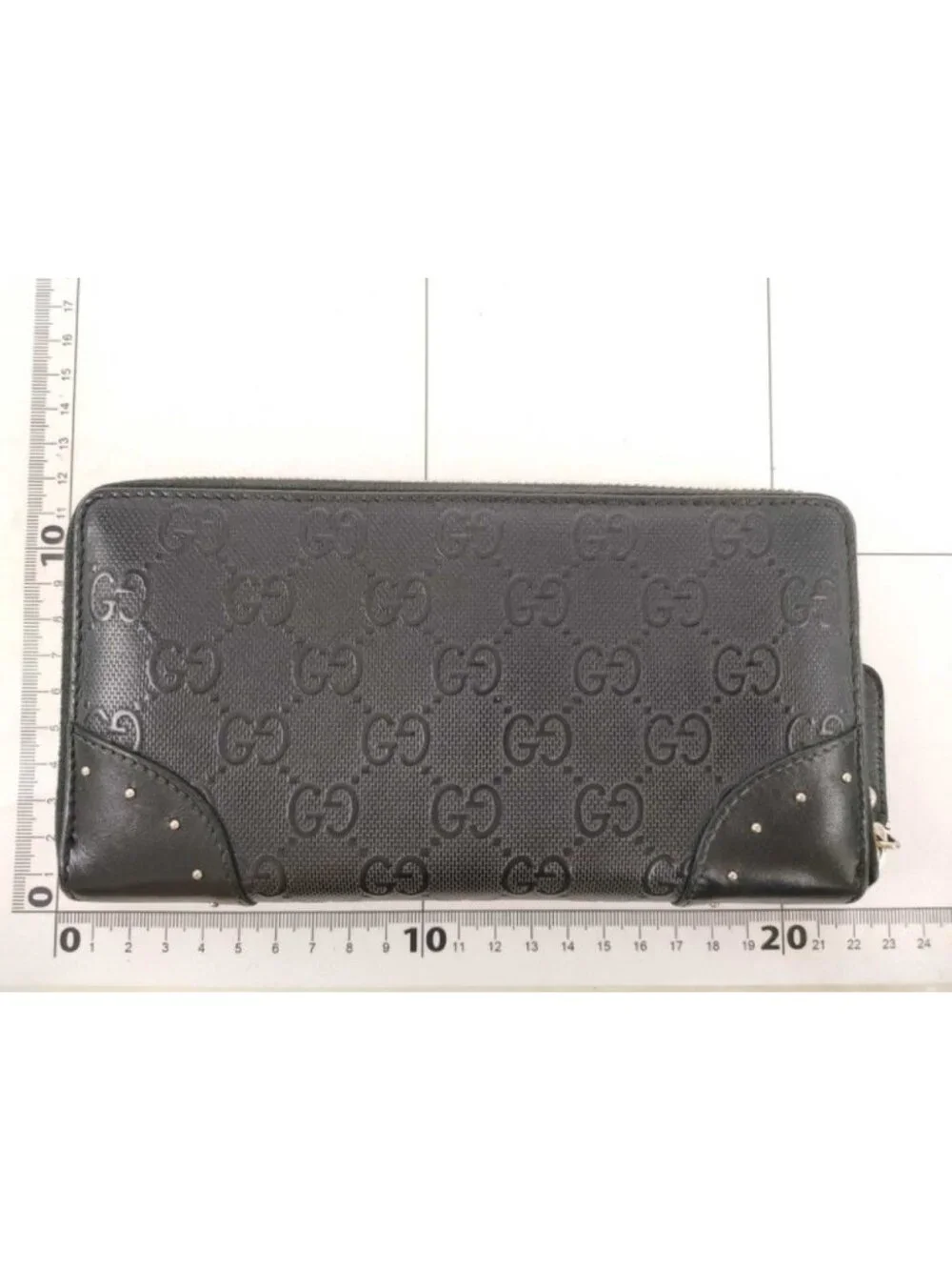 Gucci Wallet Diamante Black Leather GG Pattern Embossed Studs Zip Around Gold